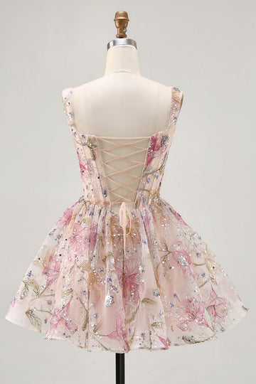 Floral A Line Square Neck Sequin Pink Homecoming Dress with Lace Up Back